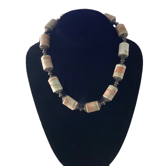 Hand Crafted Barrel Porcelain Beads Choker Bib Necklace Earth Tone Faux Jasper - Picture 1 of 11